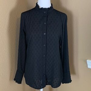 Banana Republic Swiss Dot Blouse Small Black Sheer Button Front Ruffle Neck